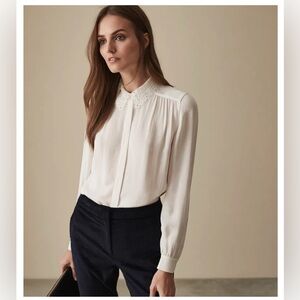 Reiss Cream Lace Collar Long-Sleeve Blouse